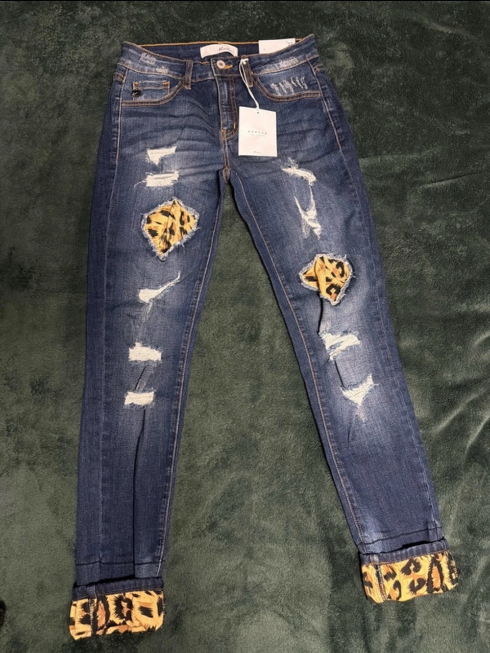 Distressed Dark Blue Women's Kancan Jeans with Leopard Patch Detail